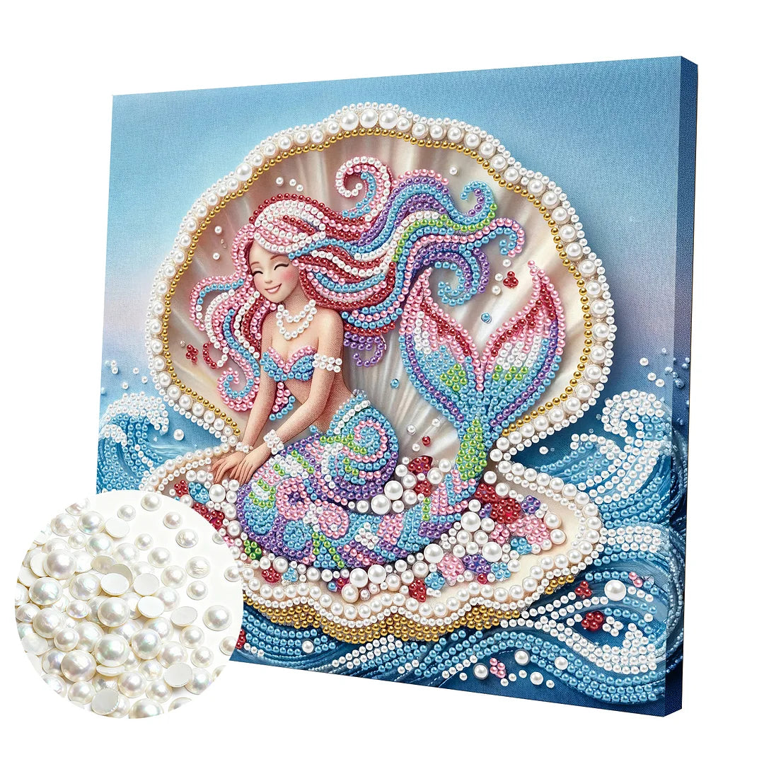 DIY Pearl Painting With Frame - Handmade Self-Adhesive Pearls - Seashell Mermaid (25*25cm)