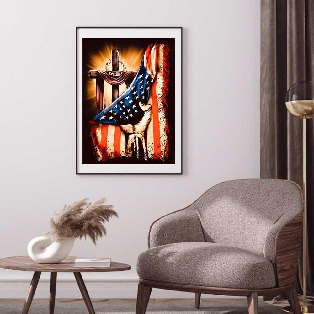 5D DIY Diamond Painting Kit - Full Round - Cross & Us Flag