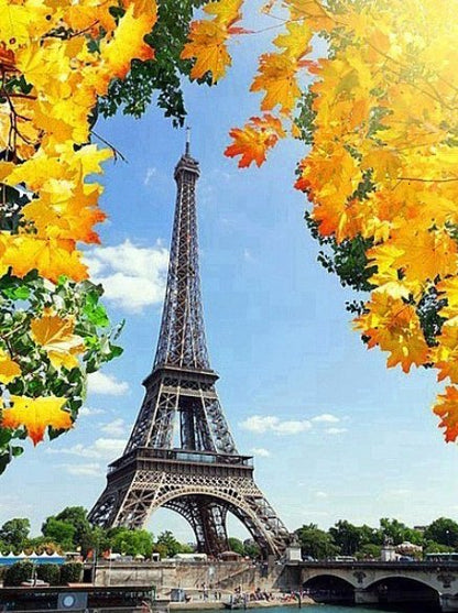 Eiffel tower and maple leaves diamond painting