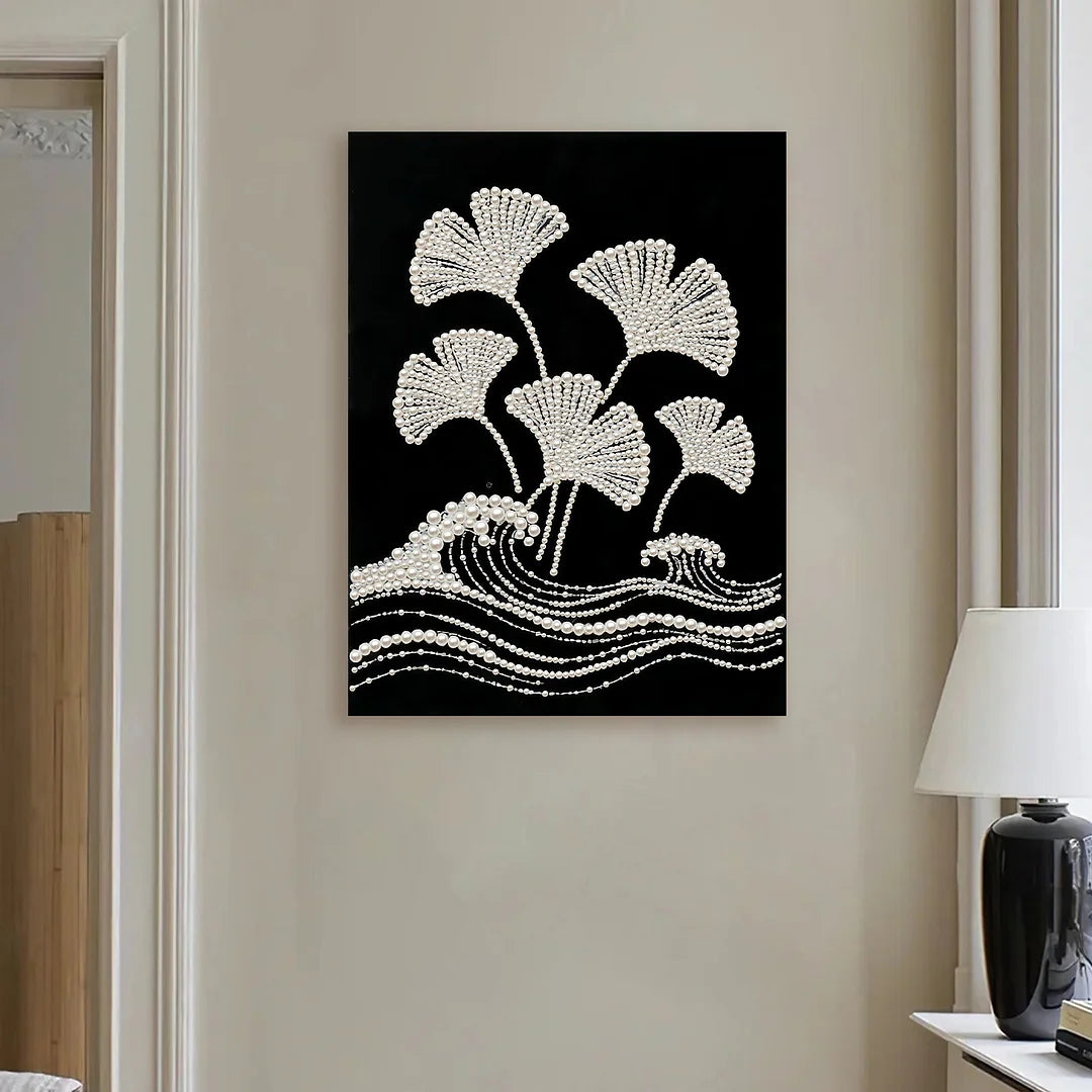 DIY Pearl Painting With Frame - Handmade Self-Adhesive Pearls - Ginkgo Leaves (30*40cm) B