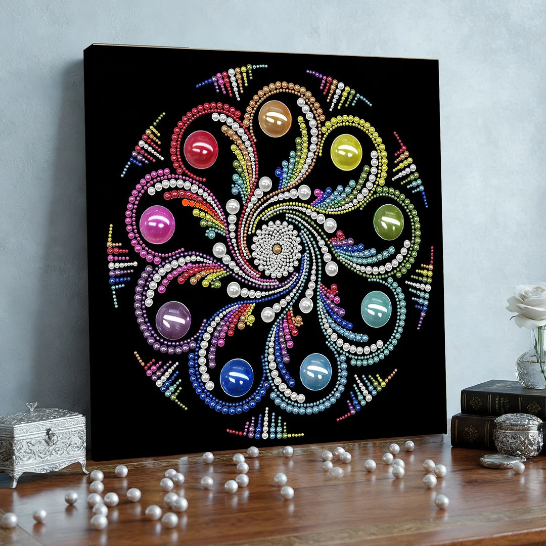 DIY Pearl Painting With Frame - Handmade Self-Adhesive Pearls - Swirl Color Mandala (25*25cm)