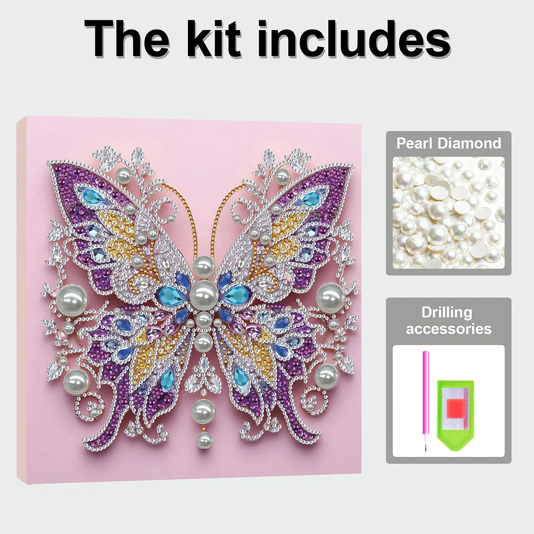 DIY Pearl Painting With Frame - Handmade Self-Adhesive Pearls - Purple Butterfly (25*25cm)