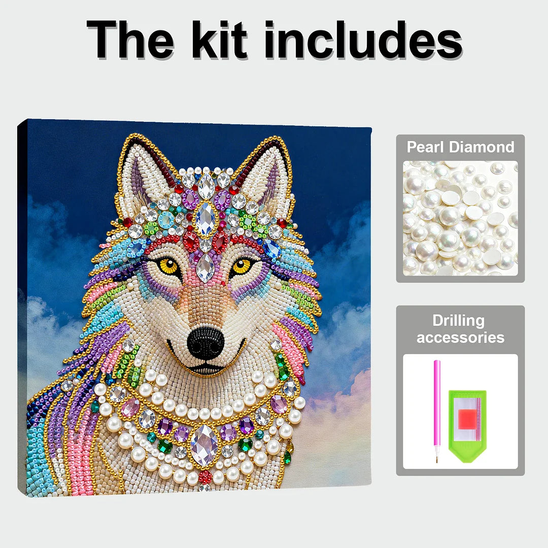 DIY Pearl Painting With Frame - Handmade Self-Adhesive Pearls - Wolf (25*25cm)