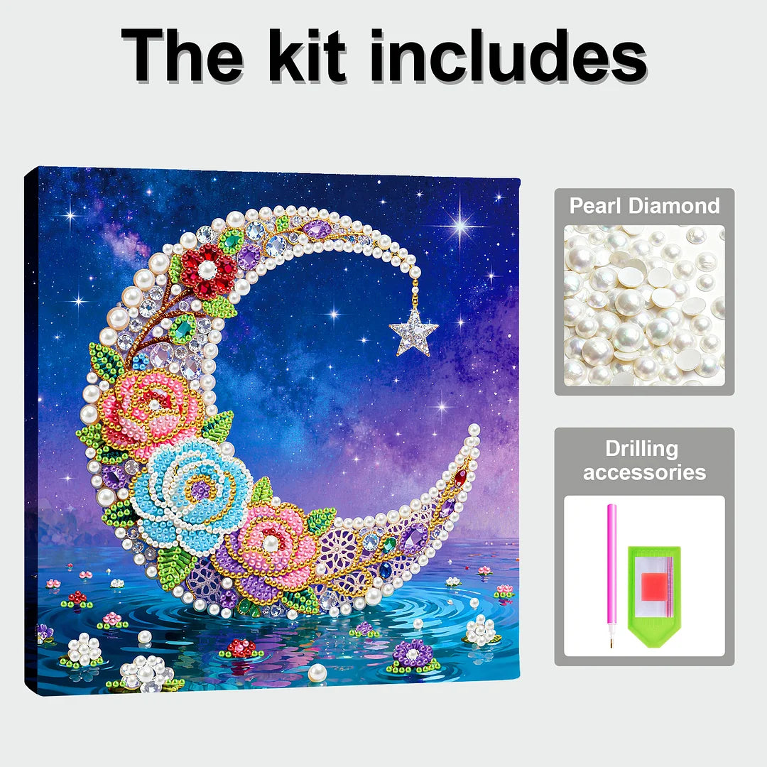 DIY Pearl Painting With Frame - Handmade Self-Adhesive Pearls - Moon (25*25cm)