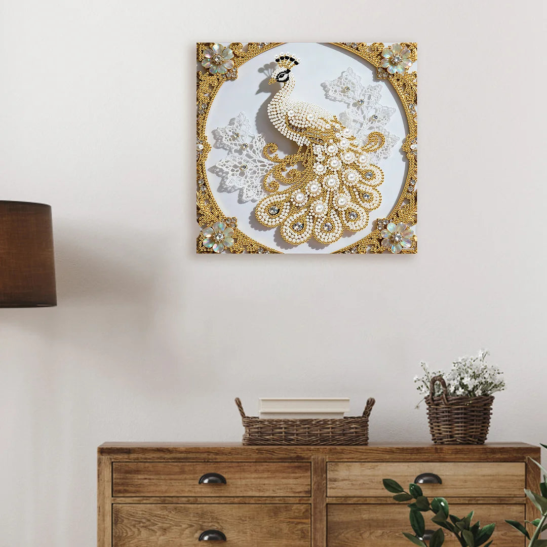 DIY Pearl Painting With Frame - Handmade Self-Adhesive Pearls - Peacock (25*25cm) B