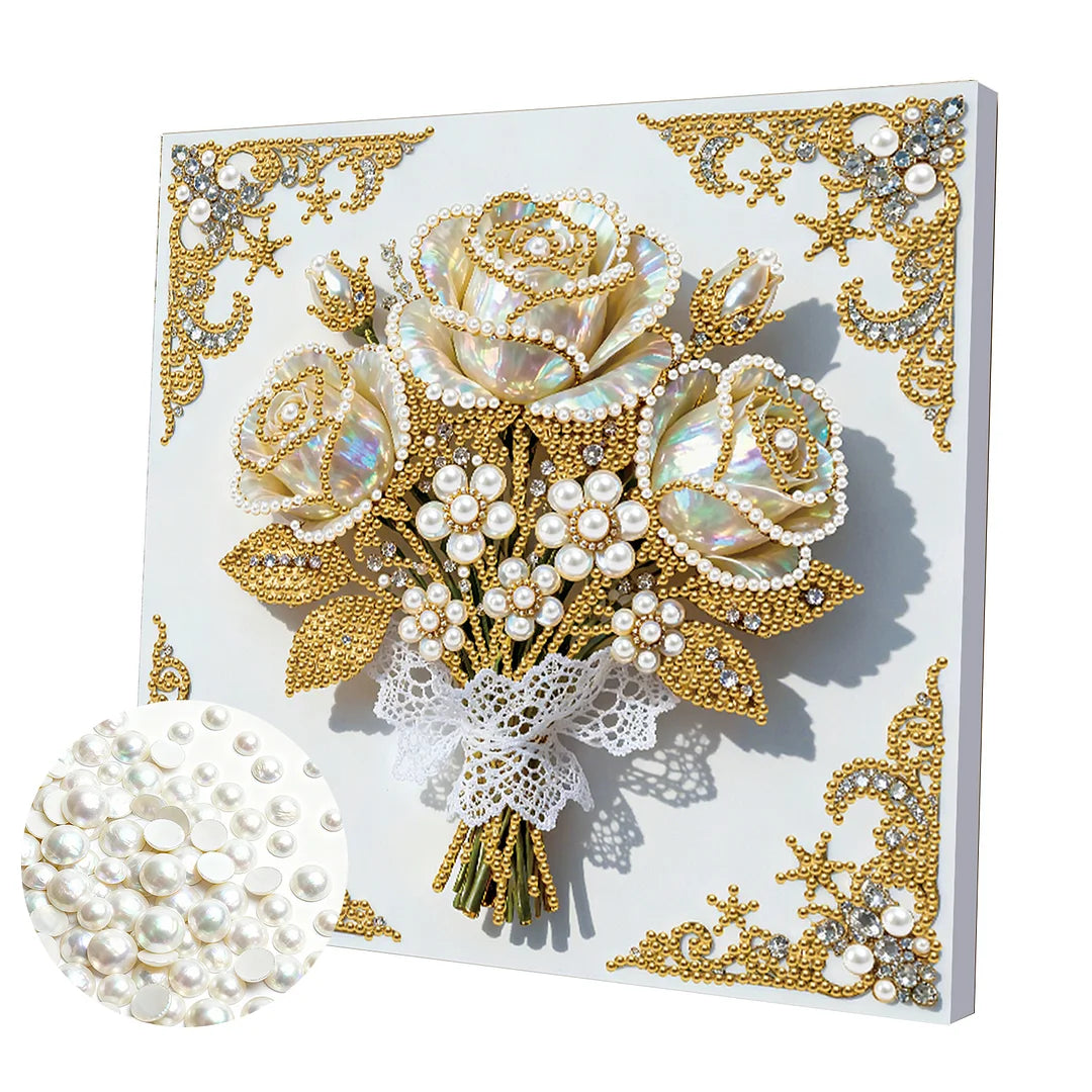 DIY Pearl Painting With Frame - Handmade Self-Adhesive Pearls - Flower (25*25cm) B