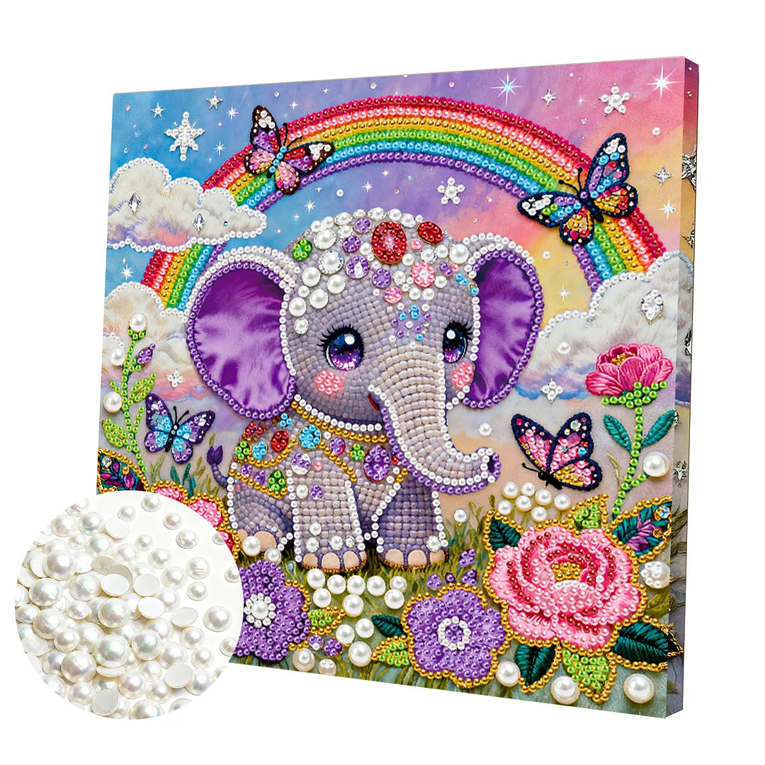 DIY Pearl Painting With Frame - Handmade Self-Adhesive Pearls - Elephant (25*25cm) A