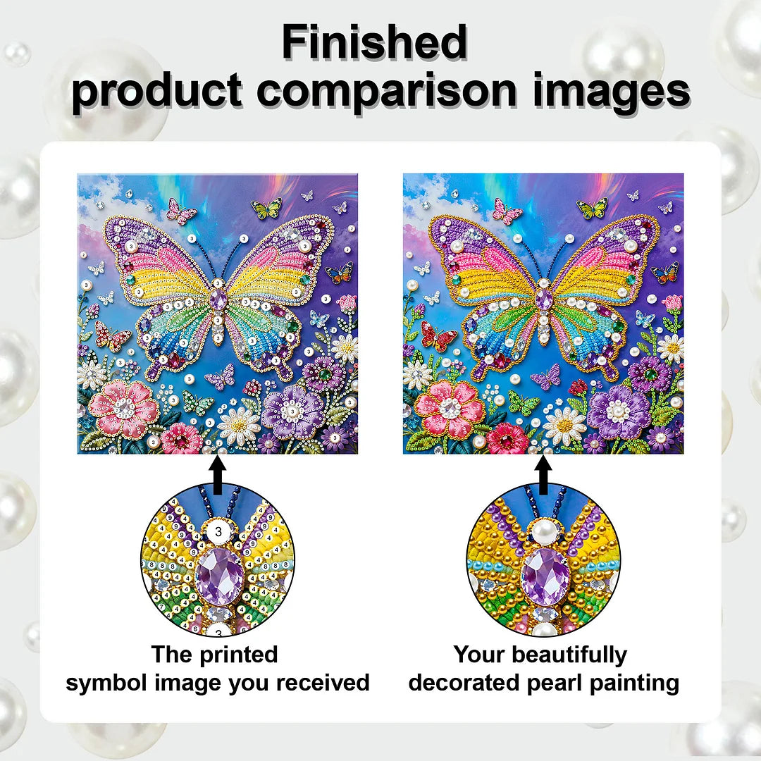 DIY Pearl Painting With Frame - Handmade Self-Adhesive Pearls - Butterfly (25*25cm) E
