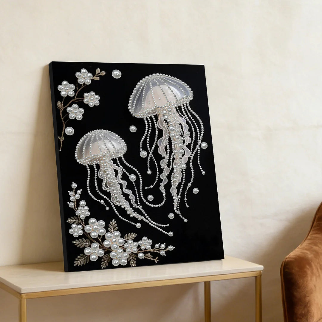 DIY Pearl Painting With Frame - Handmade Self-Adhesive Pearls - Jellyfish (30*40cm) A