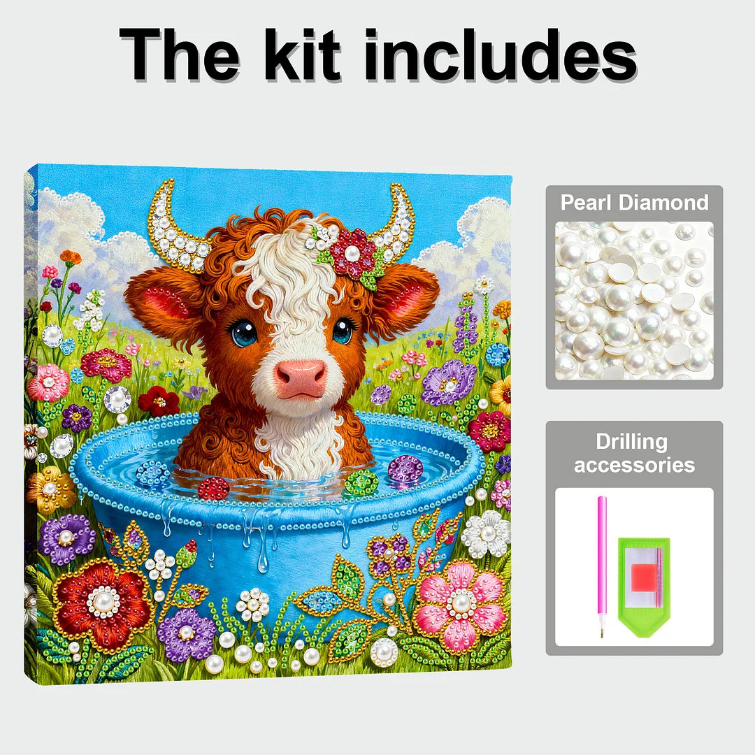 DIY Pearl Painting With Frame - Handmade Self-Adhesive Pearls - Cow (25*25cm)