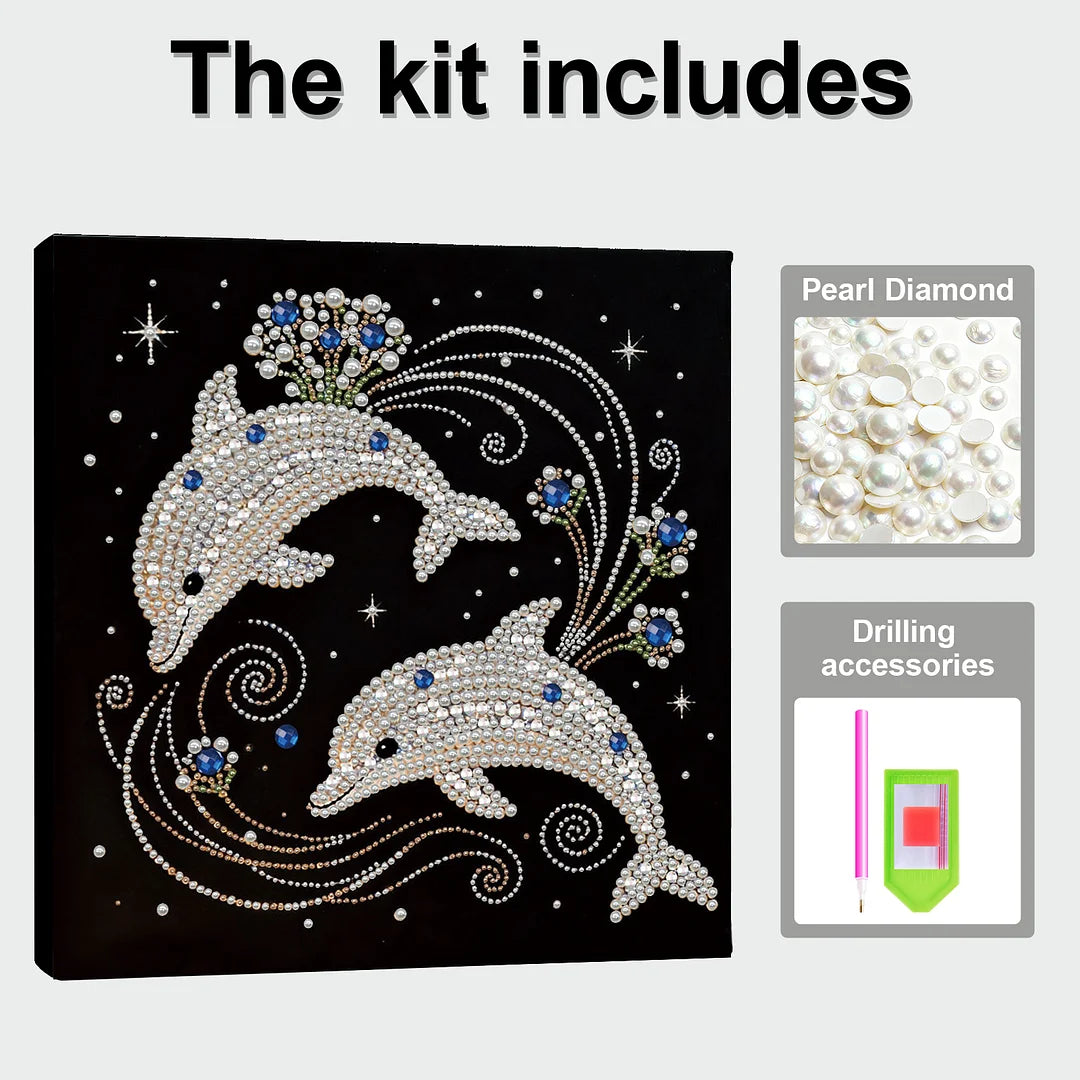 DIY Pearl Painting With Frame - Handmade Self-Adhesive Pearls - Dolphins (30*30cm)
