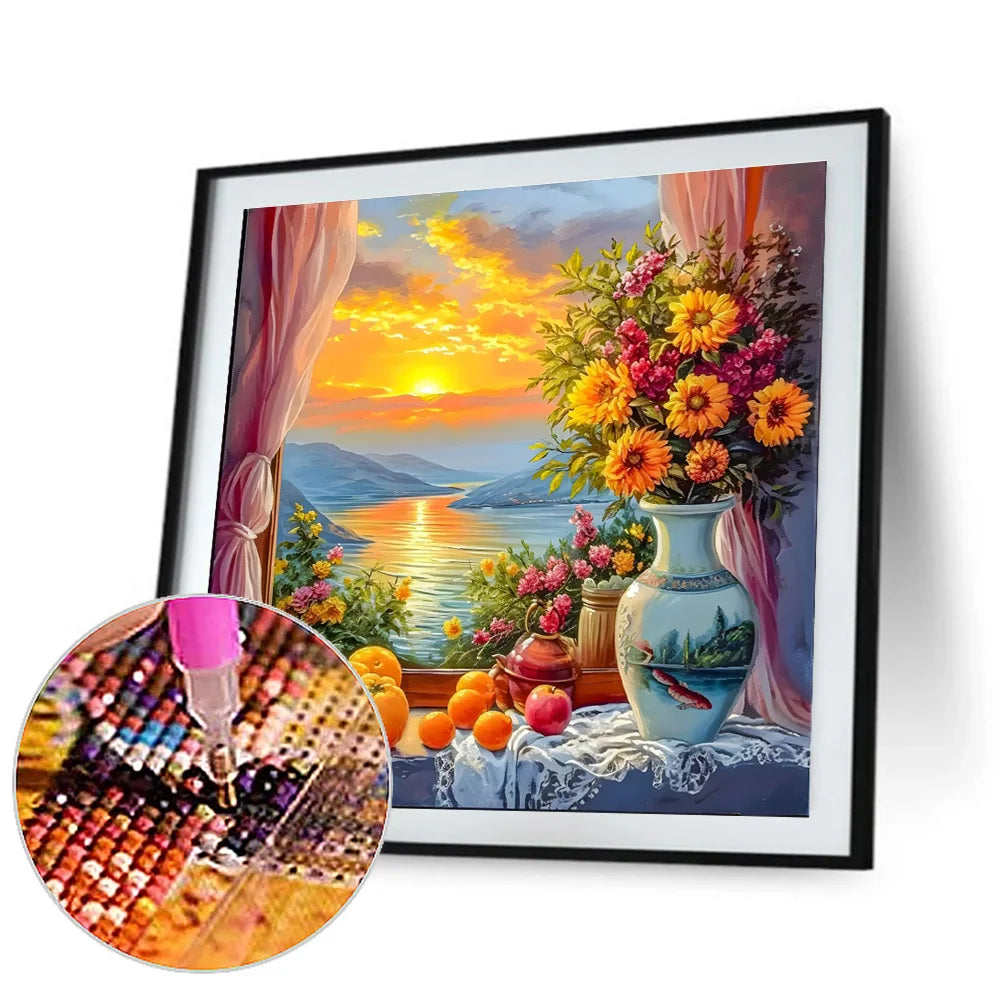 Diamond Painting - Full Round / Square - Sunset and Flower Vase