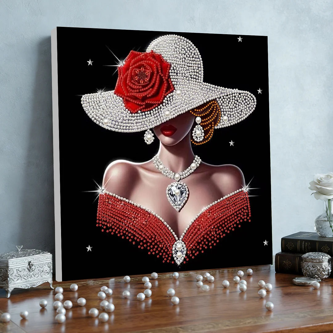 DIY Pearl Painting With Frame - Handmade Self-Adhesive Pearls - Red Woman (30*30cm)