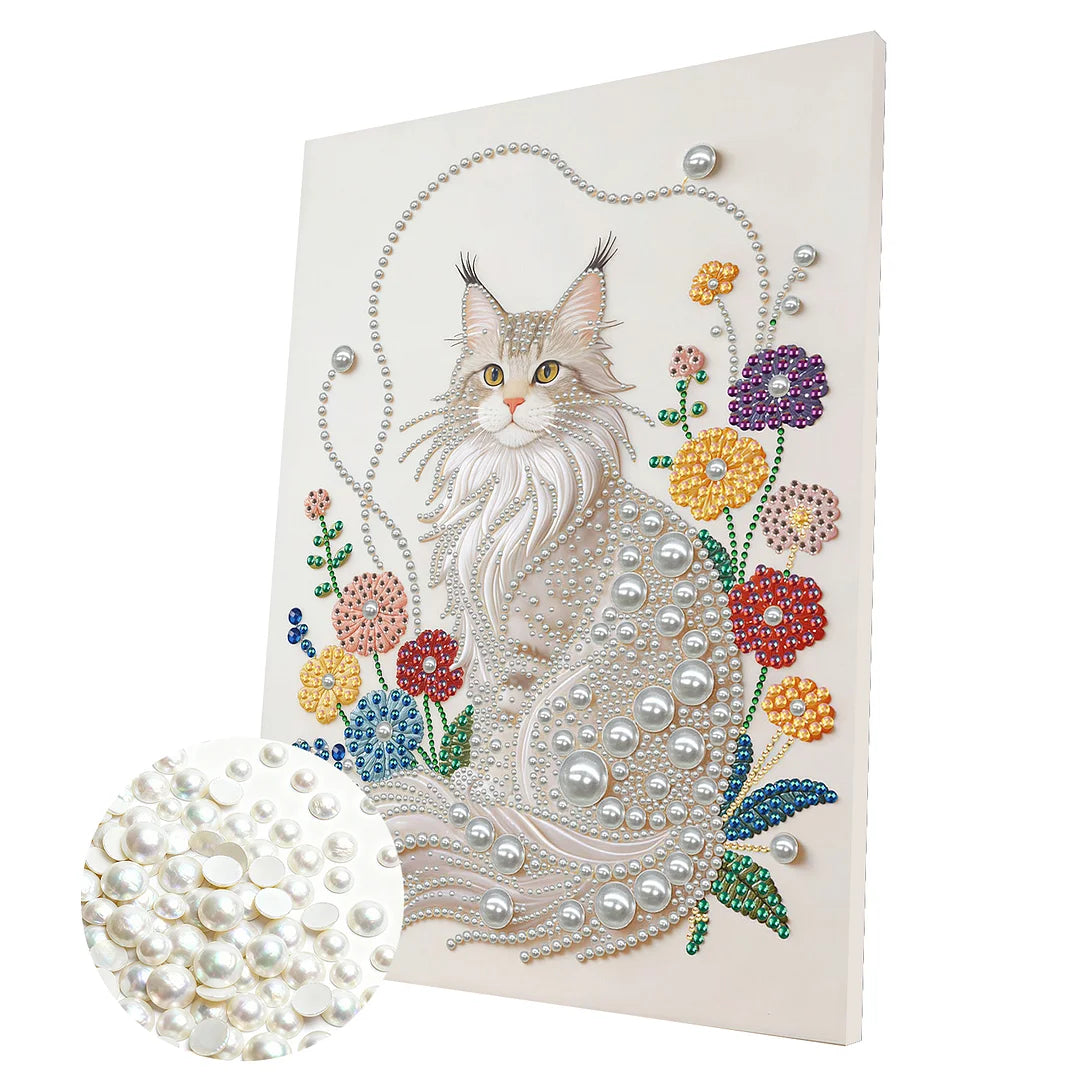 DIY Pearl Painting With Frame - Handmade Self-Adhesive Pearls - White Cat (30*40cm)