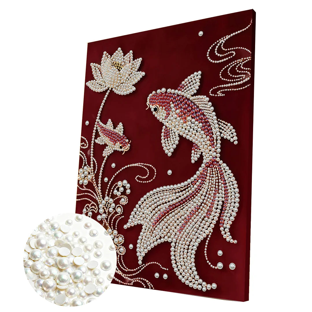 DIY Pearl Painting With Frame - Handmade Self-Adhesive Pearls - Lotus Fish (30*40cm)