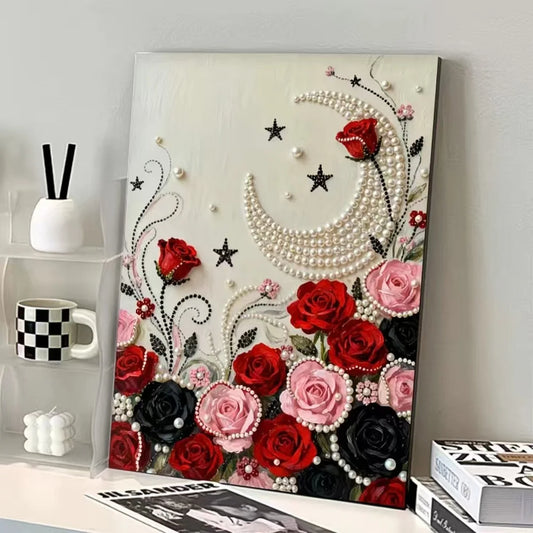 DIY Framed Pearl Painting - Handmade Self - Adhesive Pearls - Rose and Moon