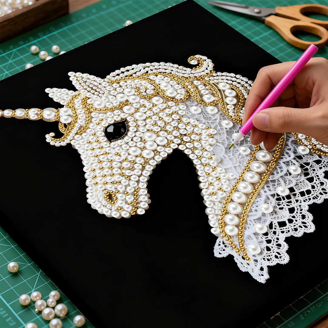 DIY Pearl Painting With Frame - Handmade Self-Adhesive Pearls - Unicorn (25*25cm) C