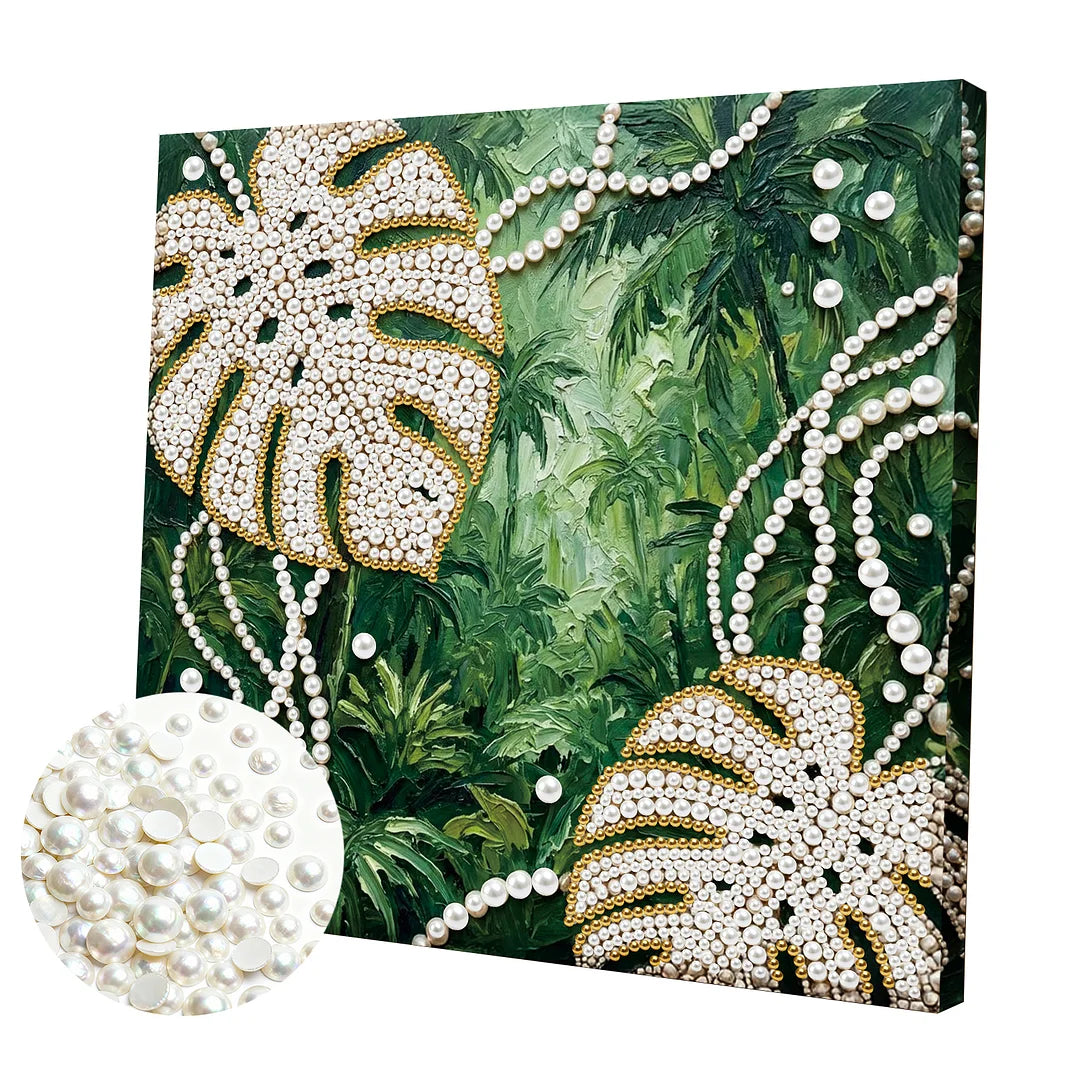 DIY Pearl Painting With Frame - Handmade Self-Adhesive Pearls - Monstera Leaves (25*25cm)
