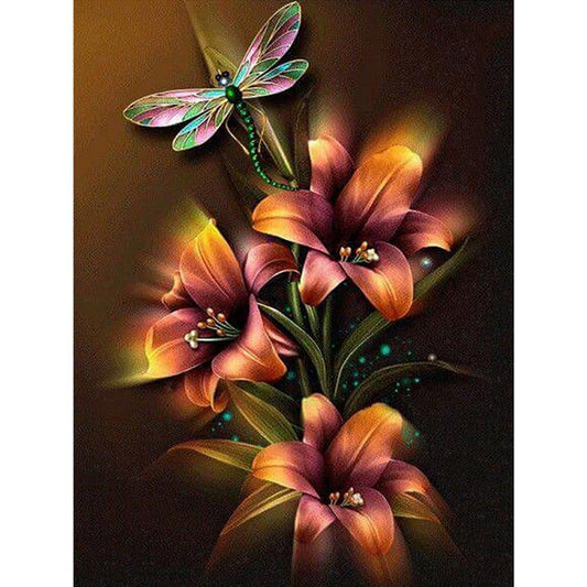 5D DIY Diamond Painting Kit - Full Round - Orange Flower Dragonfly