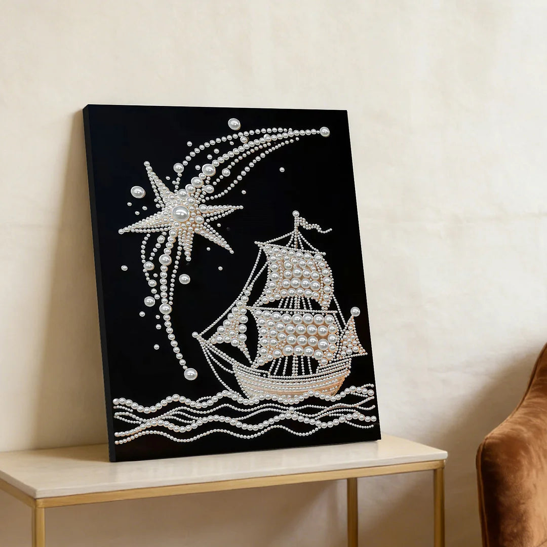 DIY Pearl Painting With Frame - Handmade Self-Adhesive Pearls - Sailboat (30*40cm)