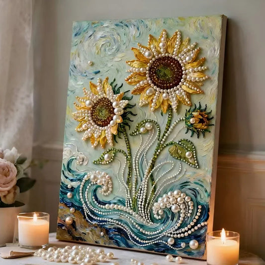 DIY Pearl Painting With Frame - Handmade Self-Adhesive Pearls - Sunflower (40*50cm) A