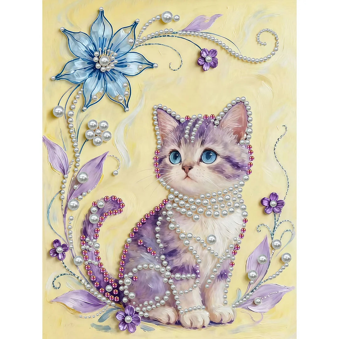 DIY Pearl Painting With Frame - Handmade Self-Adhesive Pearls - Flower Cat (30*40cm) B
