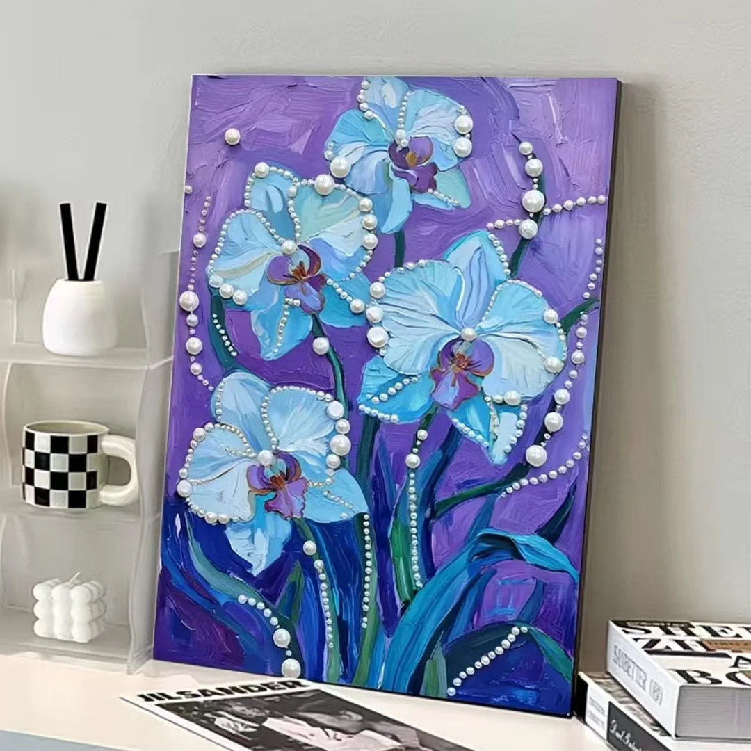 DIY Framed Pearl Painting - Handmade Self - Adhesive Pearls - Blue Flower