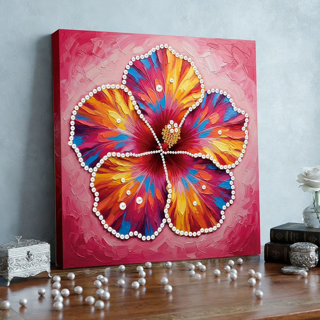DIY Pearl Painting With Frame - Handmade Self-Adhesive Pearls - Blooming Flowers (25*25cm)