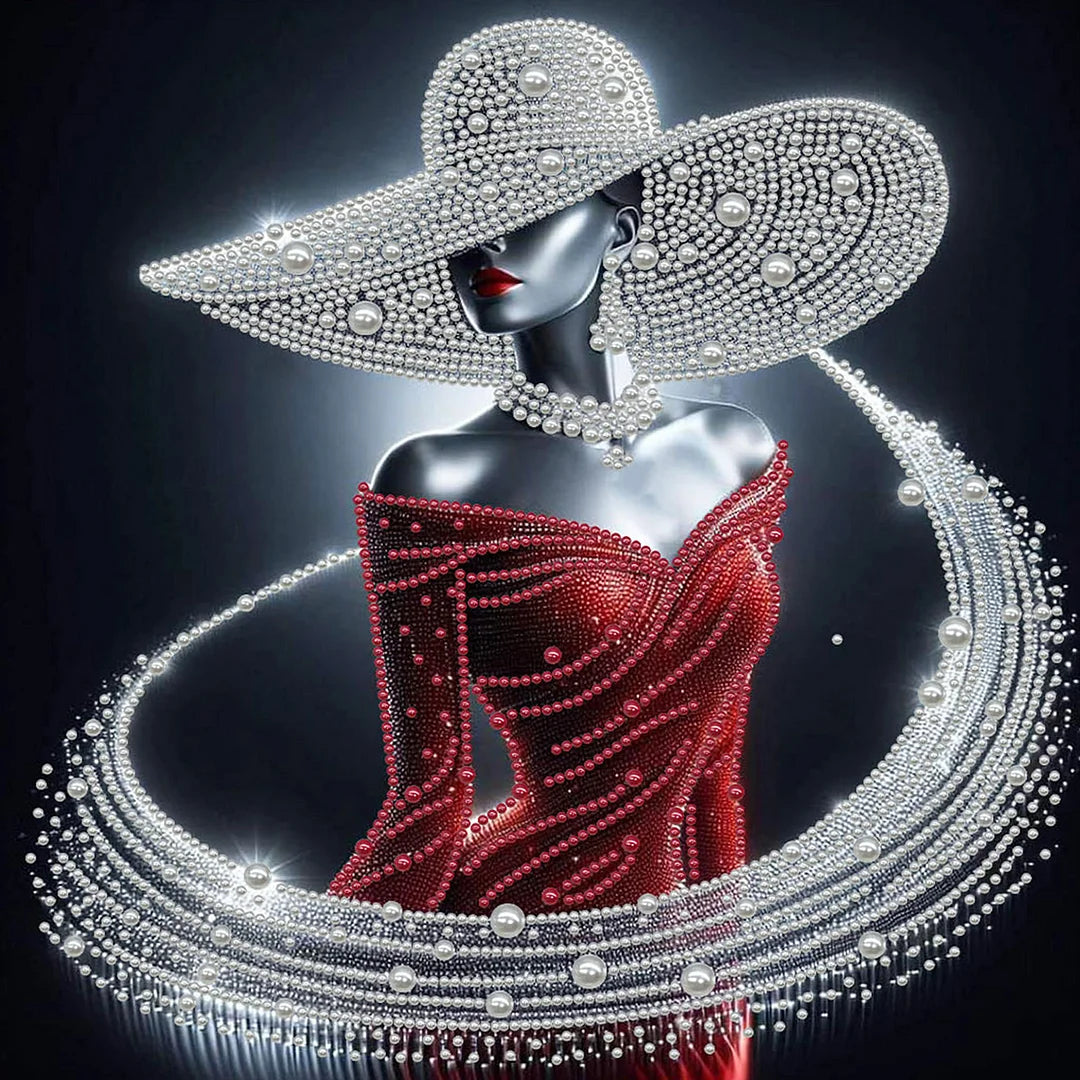 DIY Pearl Painting With Frame - Handmade Self-Adhesive Pearls - Red Dress Lady (30*30cm) B