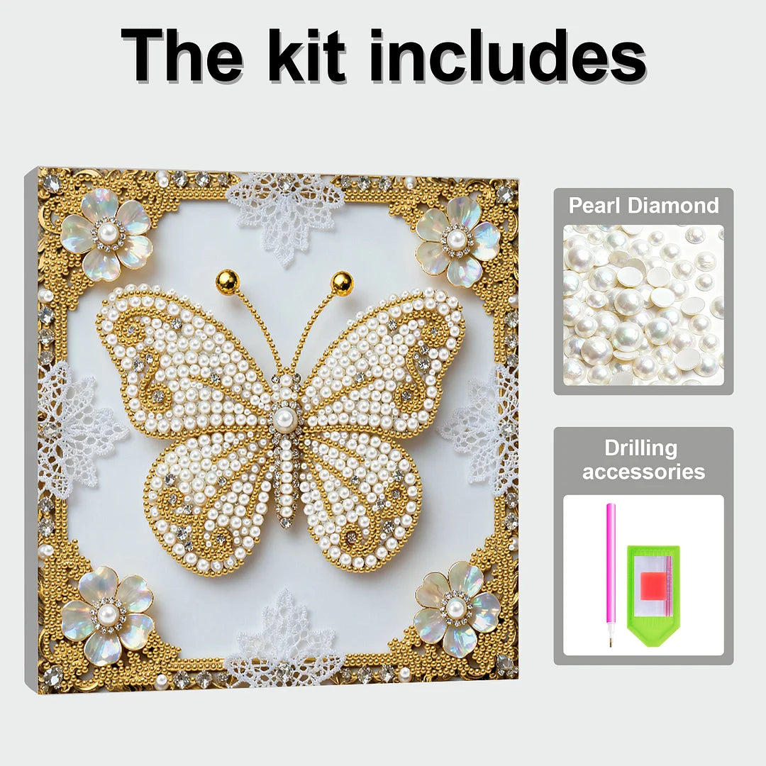 DIY Pearl Painting With Frame - Handmade Self-Adhesive Pearls - Butterfly (25*25cm) B