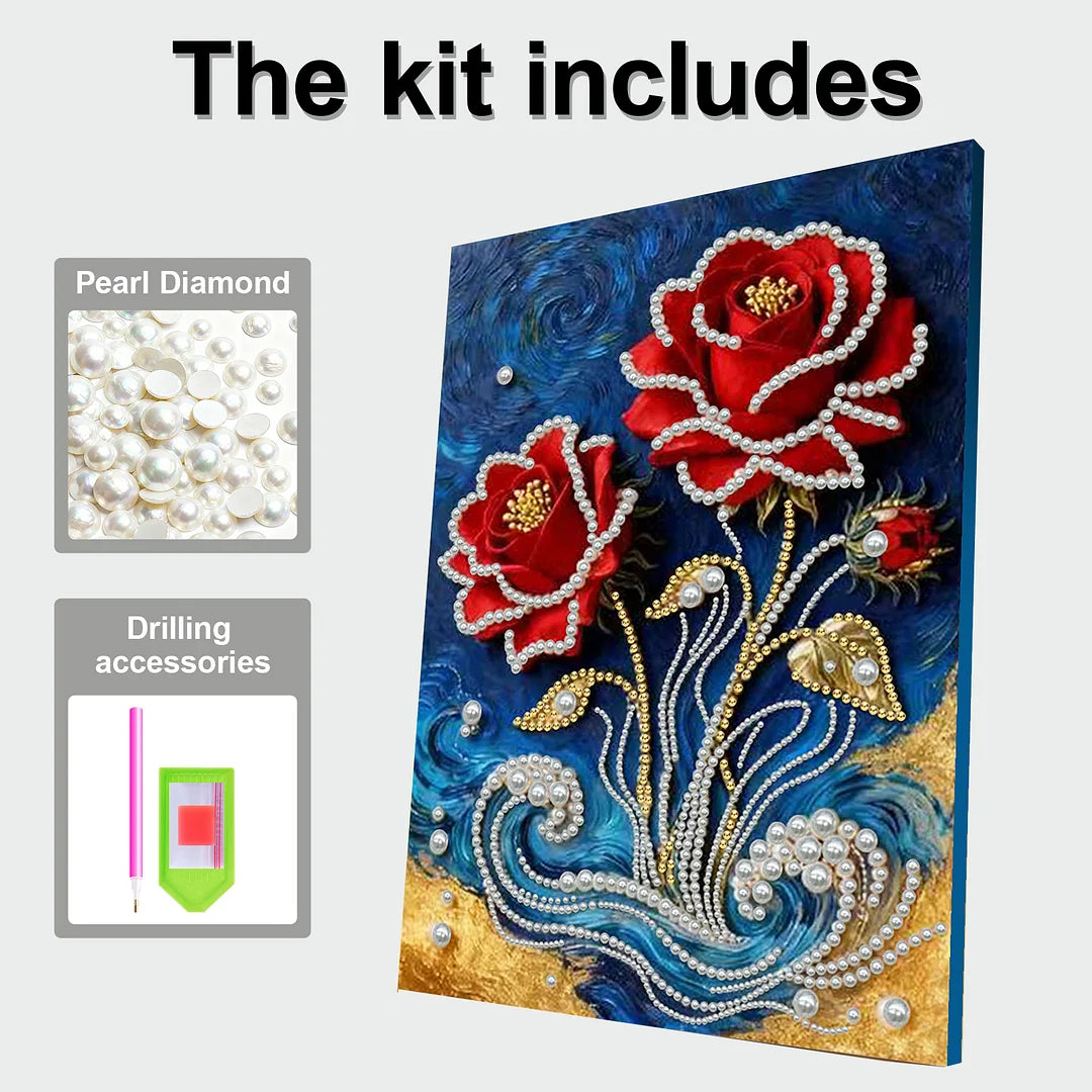 DIY Pearl Painting With Frame - Handmade Self-Adhesive Pearls - Red Rose (30*40cm) A