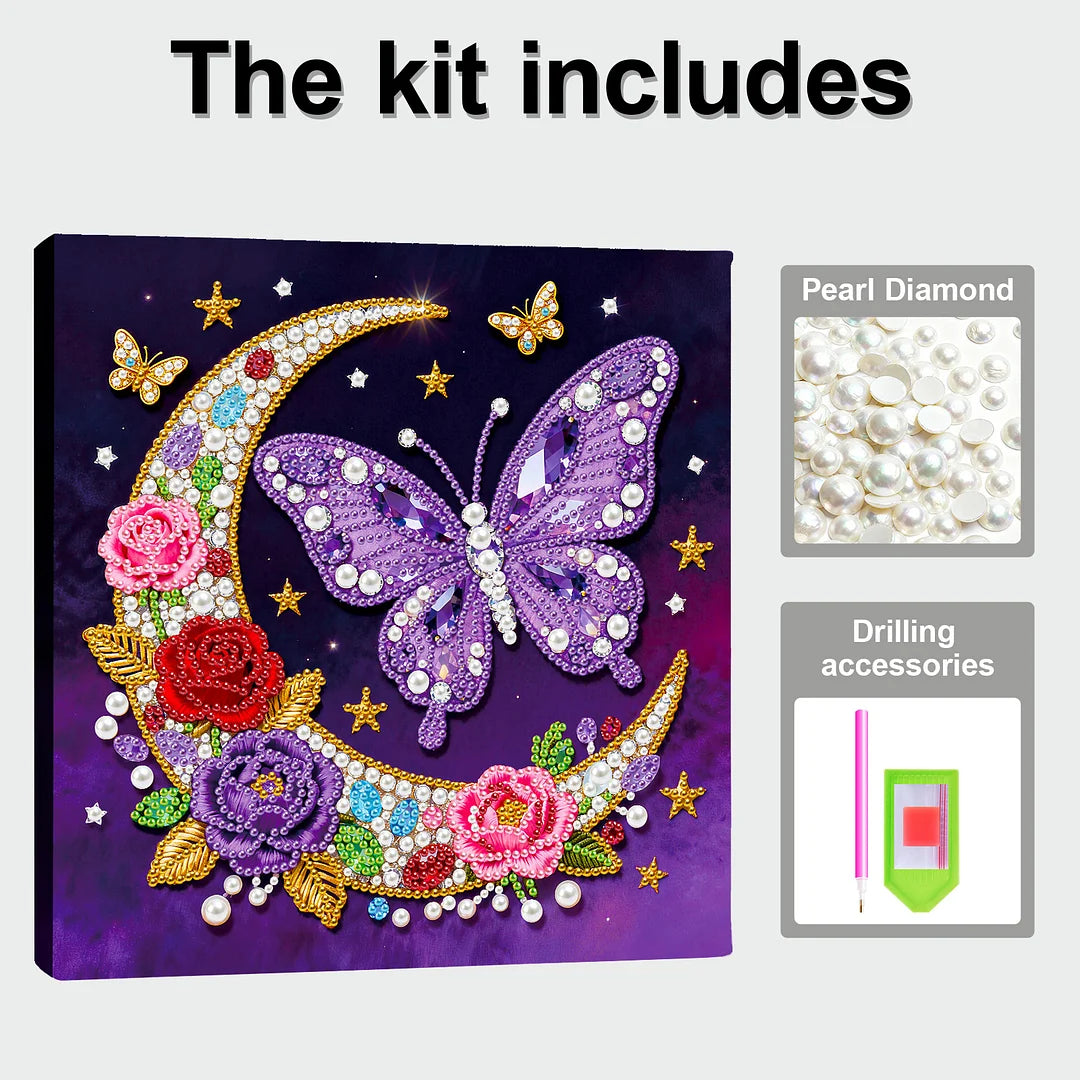 DIY Pearl Painting With Frame - Handmade Self-Adhesive Pearls - Moon Butterfly (25*25cm)