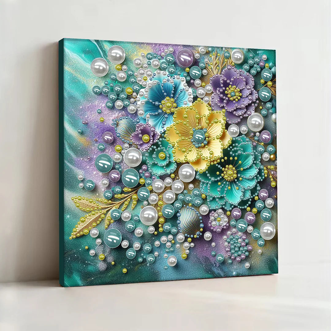 DIY Pearl Painting With Frame - Handmade Self-Adhesive Pearls - Blue Flowers (30*30cm)