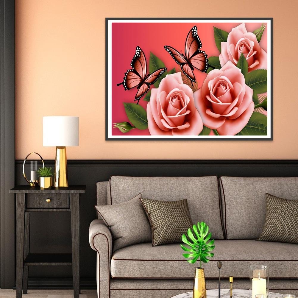 Diamond Painting - Full Round - Pink Rose Butterfly