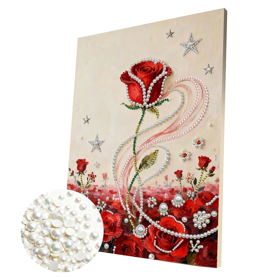 DIY Pearl Painting With Frame - Handmade Self-Adhesive Pearls - Red Rose (30*40cm) B