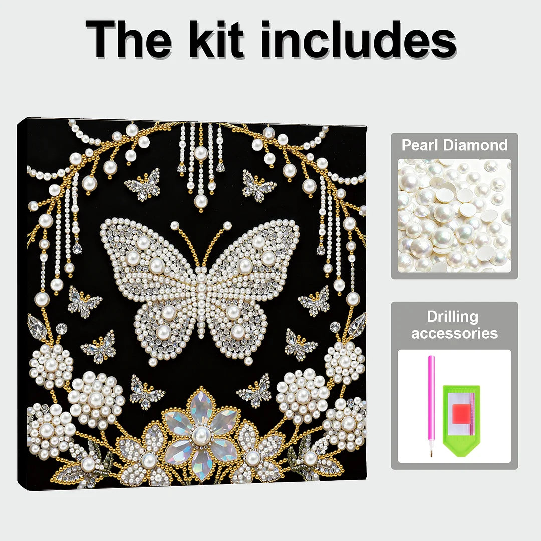 DIY Pearl Painting With Frame - Handmade Self-Adhesive Pearls - Butterfly (25*25cm) C
