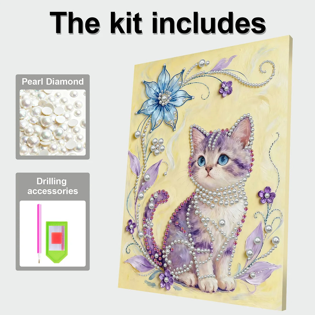 DIY Pearl Painting With Frame - Handmade Self-Adhesive Pearls - Flower Cat (30*40cm) B