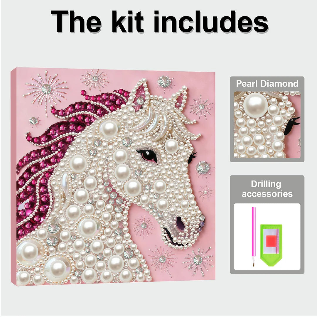 DIY Pearl Painting With Frame - Handmade Self-Adhesive Pearls - Horse (30*30cm) E