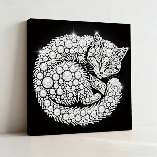 DIY Pearl Painting With Frame - Handmade Self-Adhesive Pearls - Cat (25*25cm) A