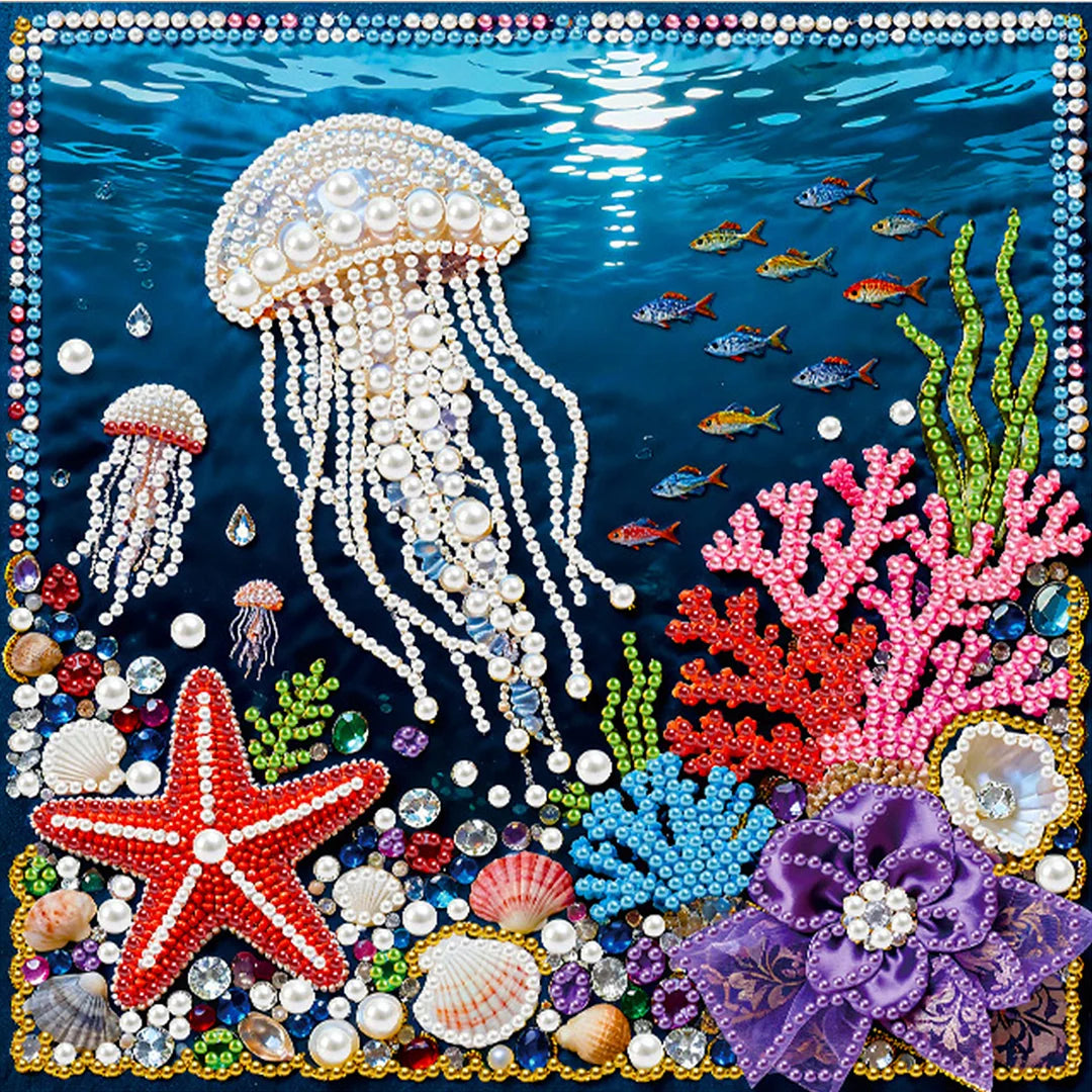 DIY Pearl Painting With Frame - Handmade Self-Adhesive Pearls - Jellyfish (25*25cm)