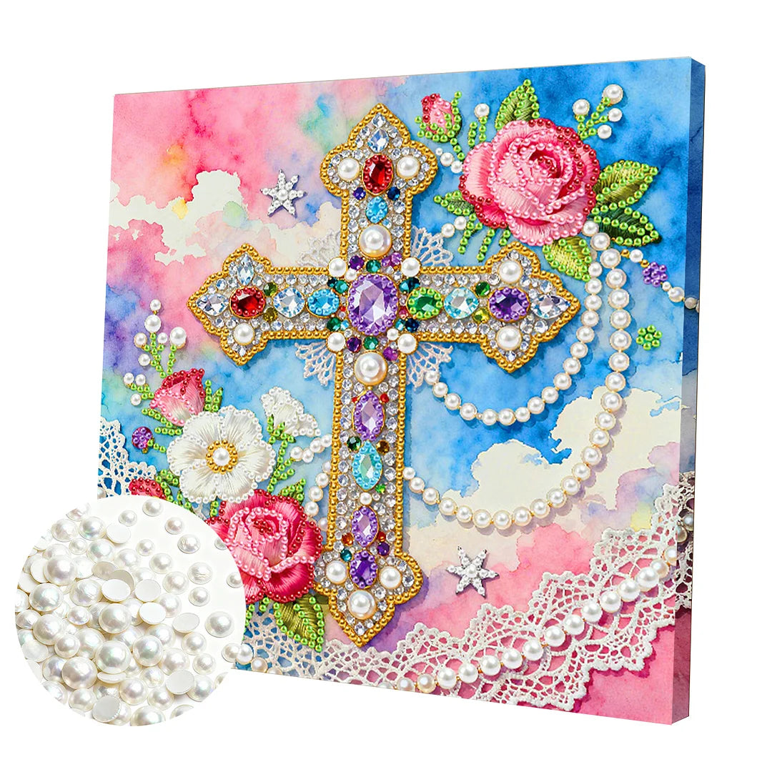 DIY Pearl Painting With Frame - Handmade Self-Adhesive Pearls - Cross (25*25cm)