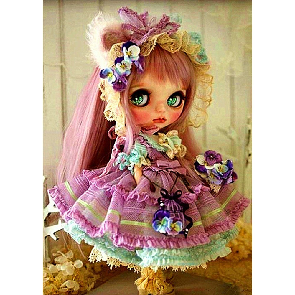 5D Diy Diamond Painting Kit Full Round Beads Pink Hair Girl Doll