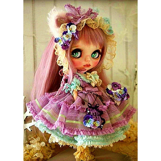 5D Diy Diamond Painting Kit Full Round Beads Pink Hair Girl Doll