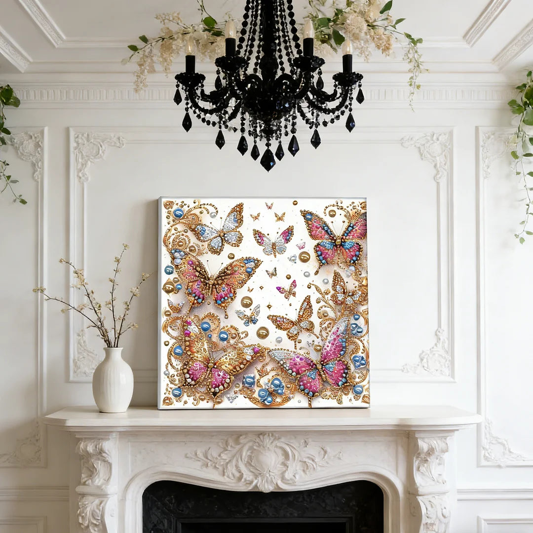DIY Pearl Painting With Frame - Handmade Self-Adhesive Pearls - Gold Butterfly (30*30cm)