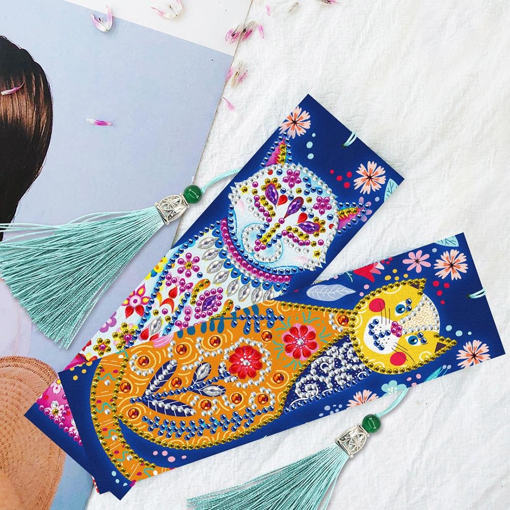 2x DIY Diamond Painting Leather Bookmarks Tassel Cat Embroidery Page Marker