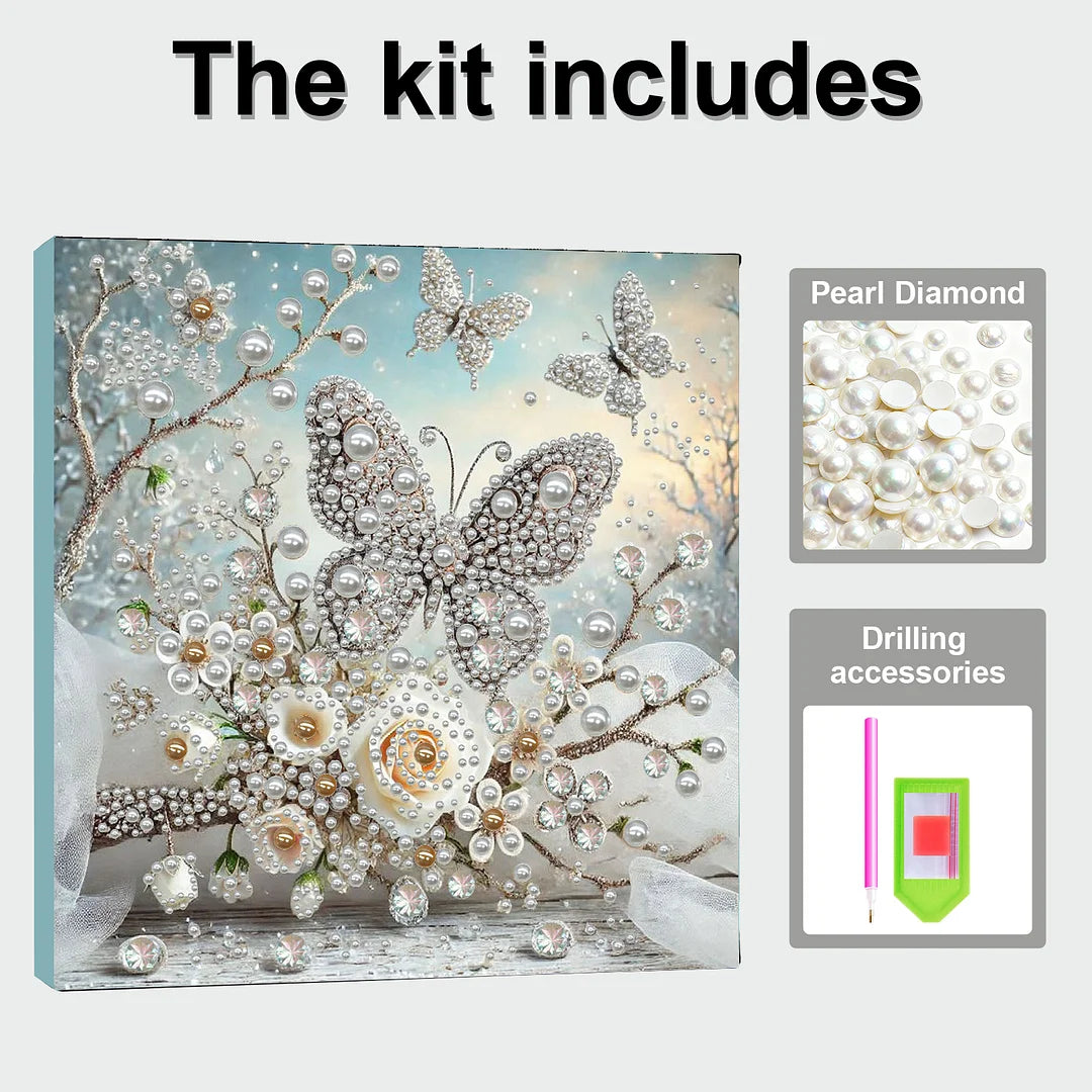DIY Pearl Painting With Frame - Handmade Self-Adhesive Pearls - Butterfly Garden (30*30cm)