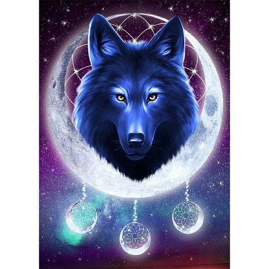 5D Diy Diamond Painting Kit Full Round Beads Wolf Under Moon