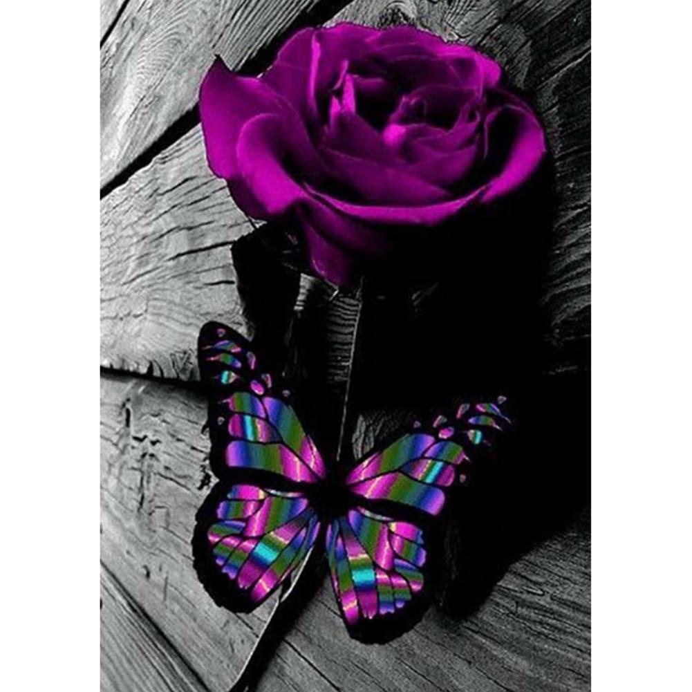 5D Diy Diamond Painting Kit Full Round Beads Purple Rose Butterfly