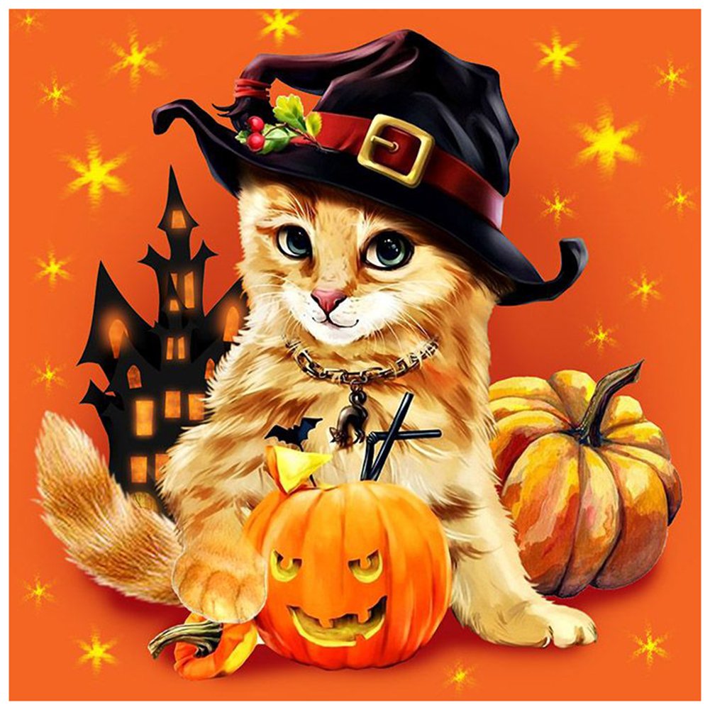 5D Diy Diamond Painting Kit Full Round Beads Halloween Cat