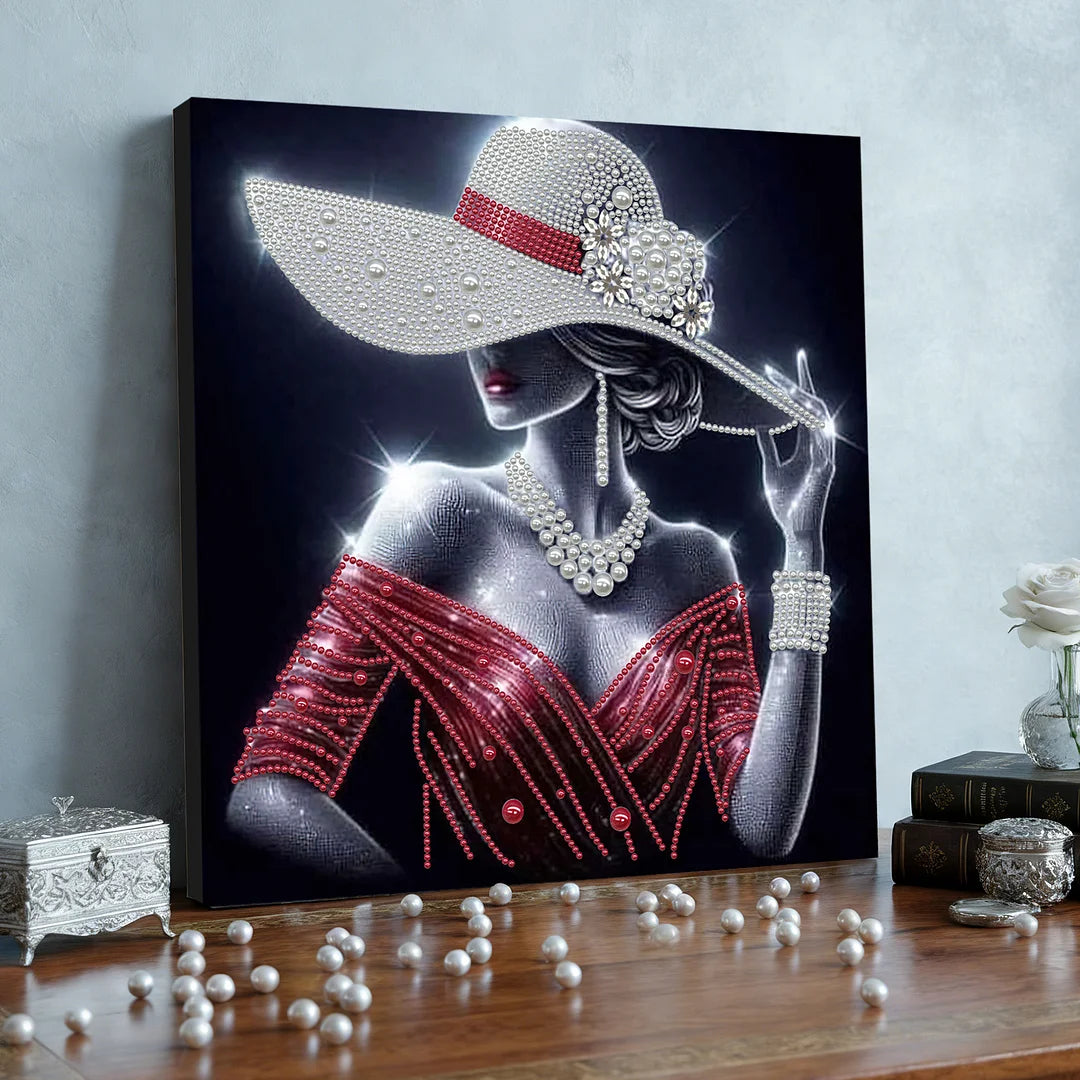 DIY Pearl Painting With Frame - Handmade Self-Adhesive Pearls - Red Dress Lady (30*30cm) C